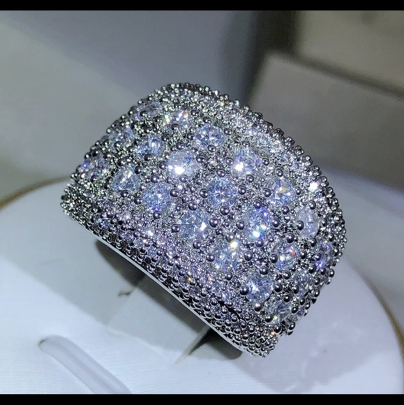 NEW Silver Round Simulate Diamond Pave Wide Band Ring - Picture 3 of 13